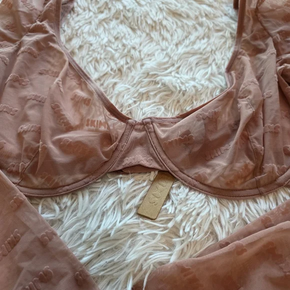 SKIMS After Hours Bra Top Long Sleeve Flocked Logo Mesh  ROSE CLAY 3X - Picture 3 of 13